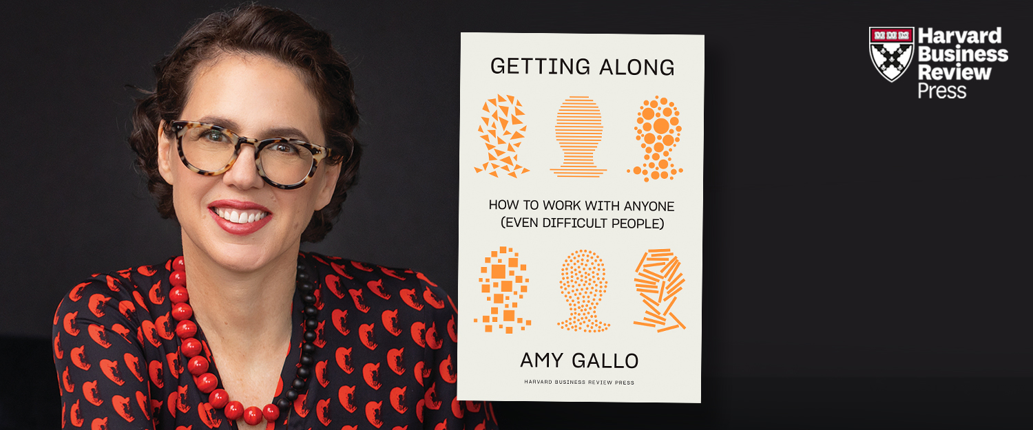 Harvard Business Review Press author Amy Gallo next to her book Getting Along